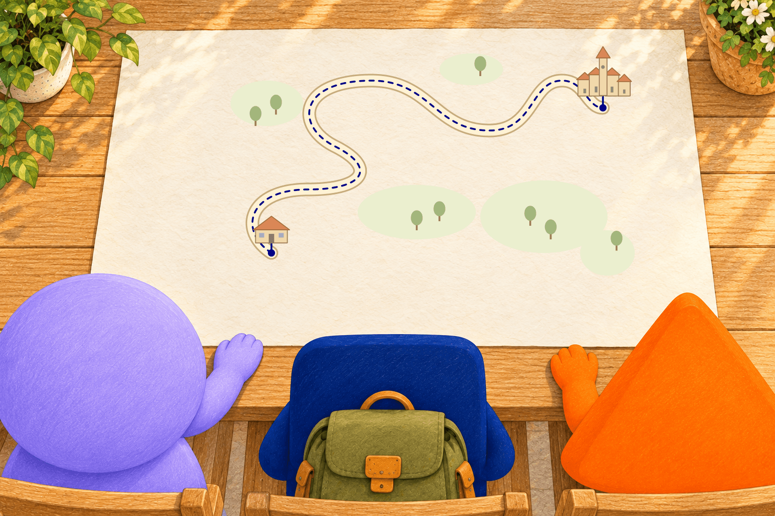 The lilac, navy and orange family looks over a map showing one winding road from a house to a town.