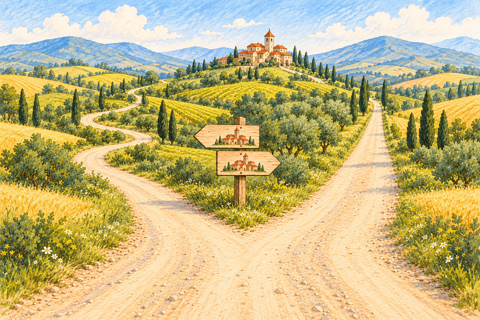 Two roads branch at a rural junction towards the same hilltop town. Both direction signs show that town.